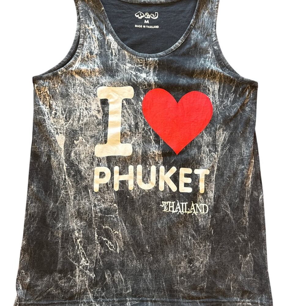 Black Tie-Dye I Love Phuket Thailand Graphic Tank Top Unisex Medium Streetwear